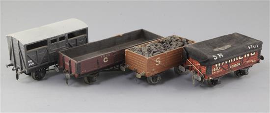 A CR 5 plank open wagon 15T, no.542, an NE cattle truck, no.456, a covered wagon Warrens 6.19T , no.1603